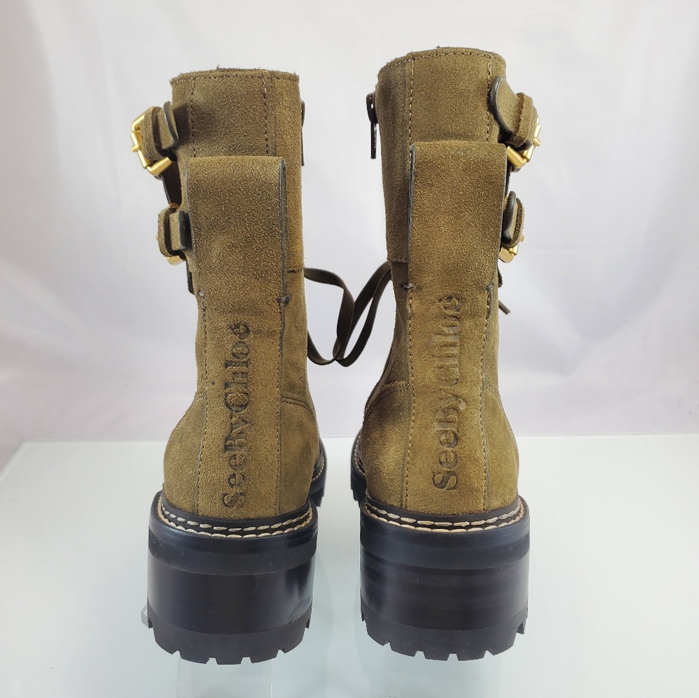 NWT$525 See by Chloe Mallory Leather Buckle Strap Ankle Combat Boots Sz 37.5 - Picture 9 of 12